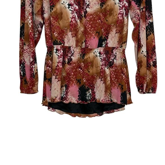 Elementz Earth Tones Deep V Neck Ruffled Cinched Long Sleeve Romantic Blouse - Picture 6 of 7